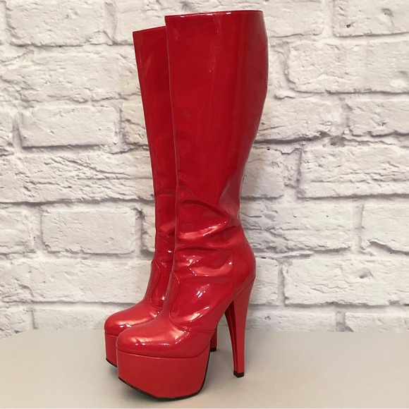 Stripper Boots 9 Pahrump NV Used Exotic Dancer Red Platform Tall Knee Jante - Picture 3 of 14